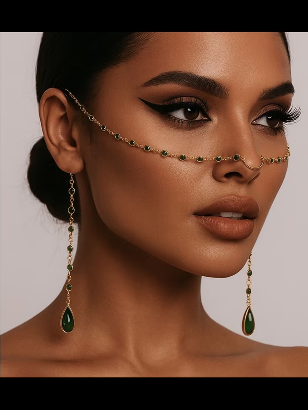 Affordable Fashion Finds Gold and Green Beaded Nose Chain with Teardrop Earrings